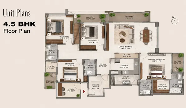 An architectural 2D floor plan of a 4.5 BHK villa at Embassy One North, showcasing 4 bedrooms, a study or helper's room, a living and dining hall, and a kitchen with room measurements and furniture layout.