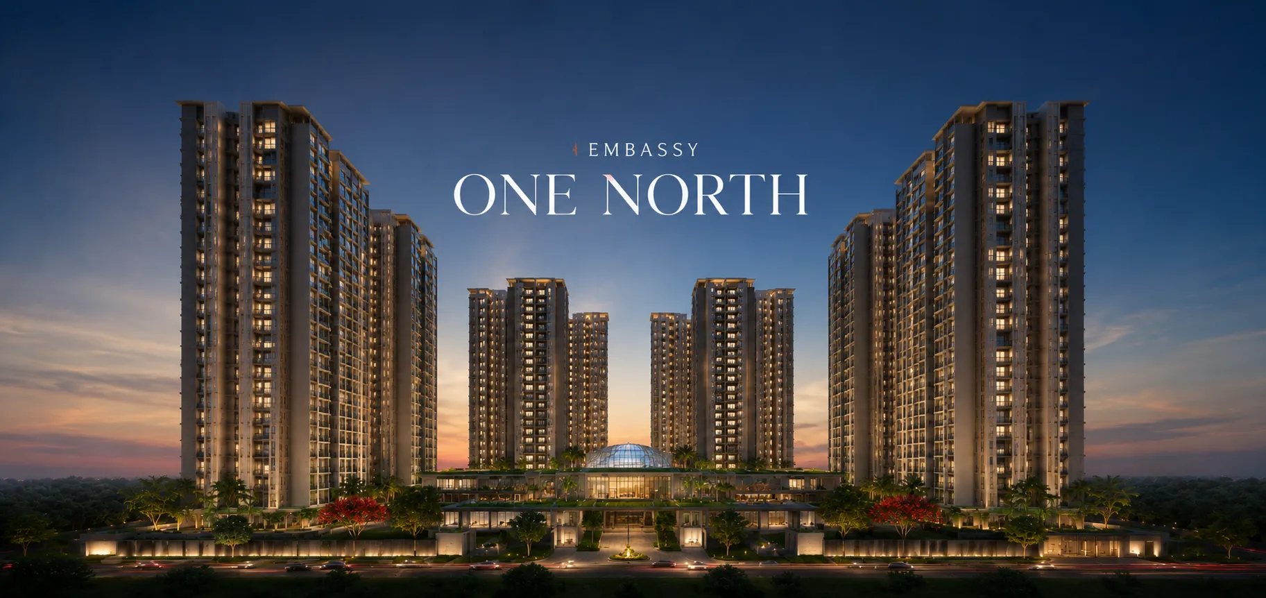 Official brand banner for Embassy One North, showcasing a split visual of a lush, sunlit green forest on the left, and premium independent villas with a grand entrance on the right.