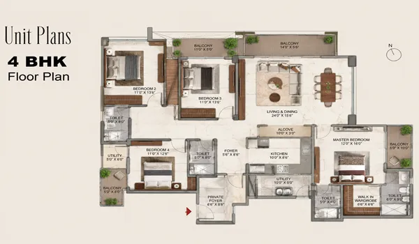 An architectural 2D blueprint of the 4 BHK villa floor plan at Embassy One North, showing a spacious layout with four bedrooms, a living and dining room, a kitchen, and an attached utility area.