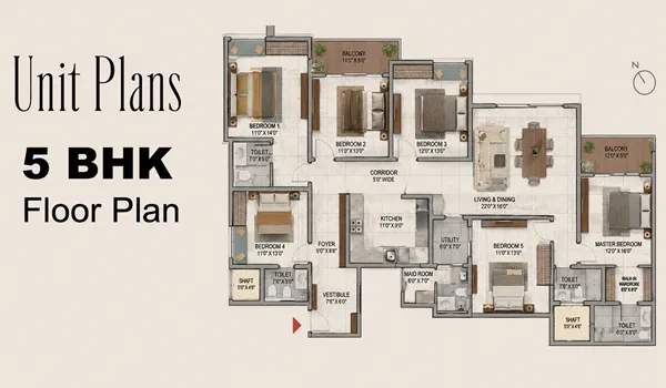 An architectural 2D blueprint of the 5 BHK villa floor plan at Embassy One North, showing a spacious layout with five bedrooms, a living and dining room, and a kitchen with an attached utility area.