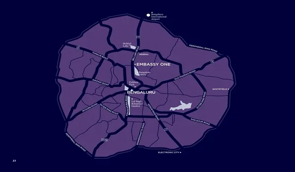 A regional location map for Embassy One North, illustrating the project's connectivity to major roads, the upcoming Doddajala Metro Station, and local landmarks like Stonehill International School.