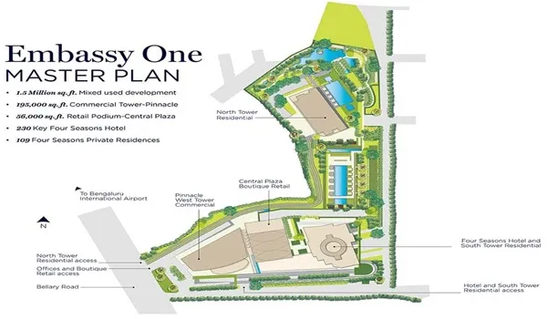 The architectural master plan layout of Embassy One North, showcasing a 2D map of the 200-acre township including the 50-acre villa enclave, entry and exit gates, the central clubhouse, and extensive green landscapes.